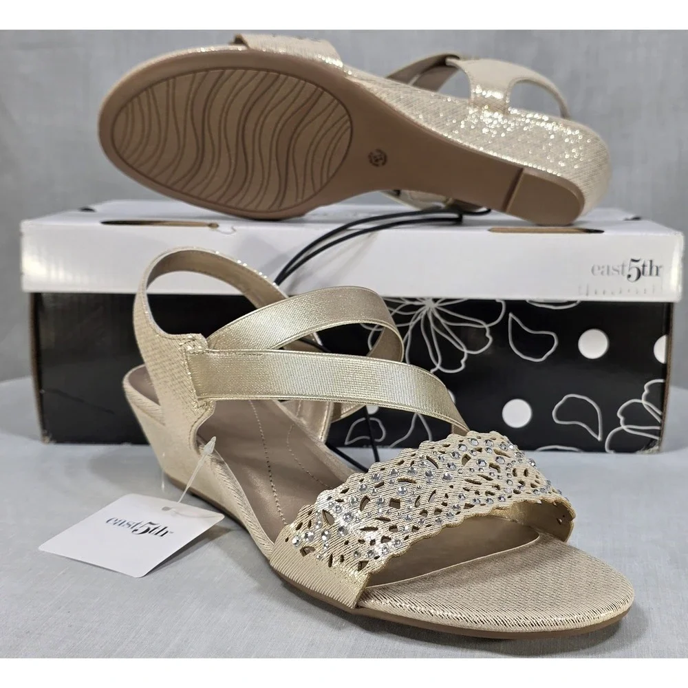 East‎ 5th Gladie Gold Wedge Sandals Rhinestone Dress Shoes Womens 8.5M 106-0208